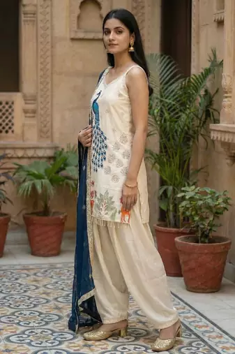 Off white color french crepe fabric designer embroidery work heavy wedding attire for girls
