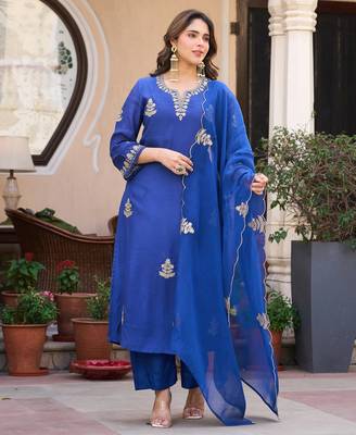 Blue viscose chanderi embroidery work heavy wedding attire 1