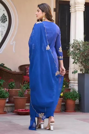 Blue color viscose chanderi fabric designer embroidery work heavy wedding attire for girls