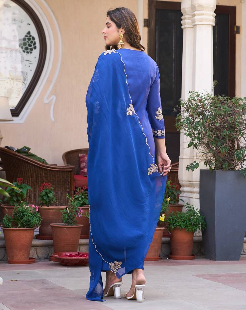 Blue viscose chanderi embroidery work heavy wedding attire