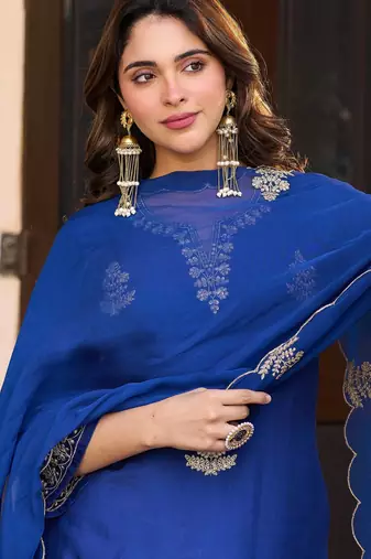Blue color viscose chanderi fabric designer embroidery work heavy wedding attire for girls