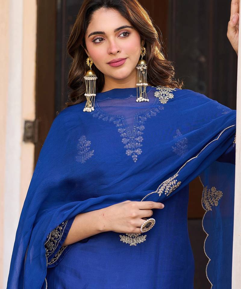 Blue viscose chanderi embroidery work heavy wedding attire