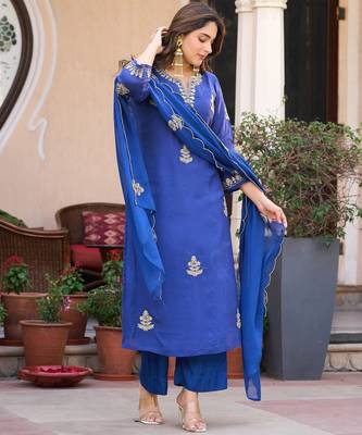 Blue viscose chanderi embroidery work heavy wedding attire 4