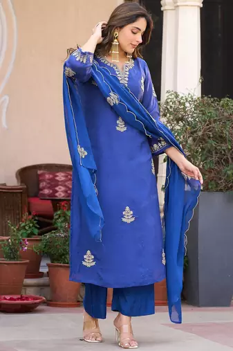Blue color viscose chanderi fabric designer embroidery work heavy wedding attire for girls