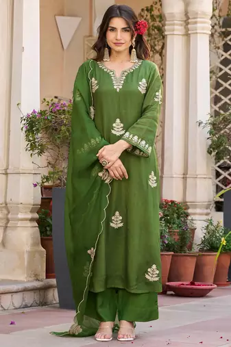 Green viscose chanderi embroidery work heavy wedding attire