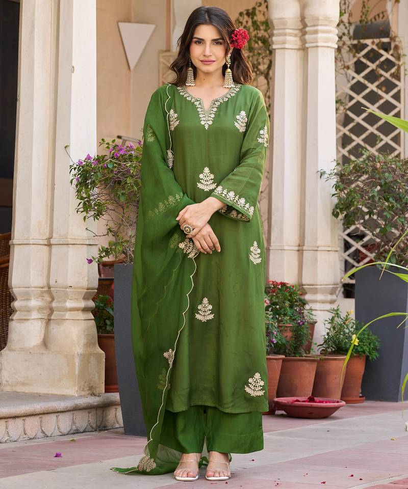 Green viscose chanderi embroidery work heavy wedding attire