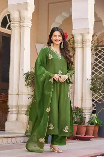 Green viscose chanderi embroidery work heavy wedding attire