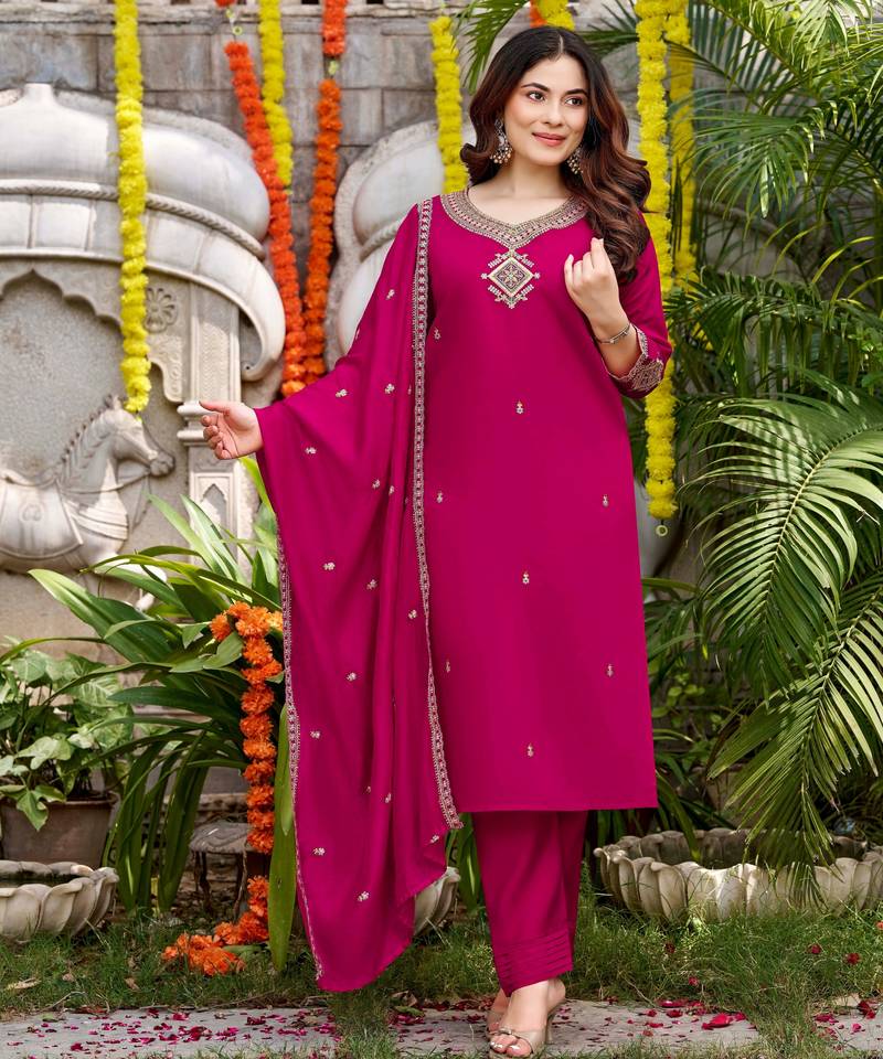 Pink viscose chanderi embroidery work heavy wedding attire