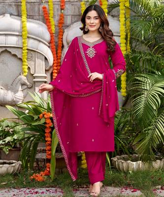 Pink viscose chanderi embroidery work heavy wedding attire 4