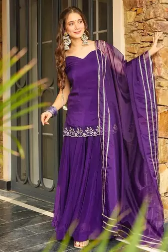 Purple color rangoli silk fabric designer embroidery work heavy wedding attire for girls