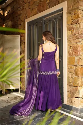 Purple color rangoli silk fabric designer embroidery work heavy wedding attire for girls