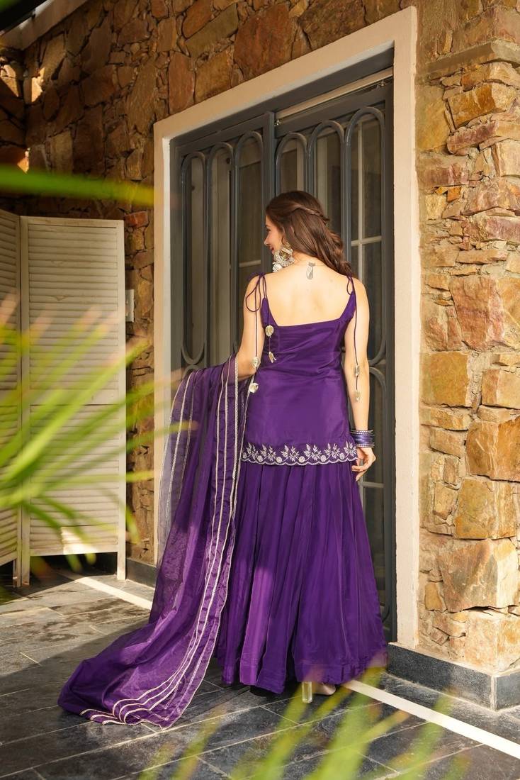 Purple rangoli silk embroidery work heavy wedding attire
