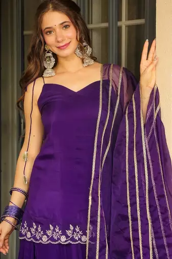 Purple color rangoli silk fabric designer embroidery work heavy wedding attire for girls