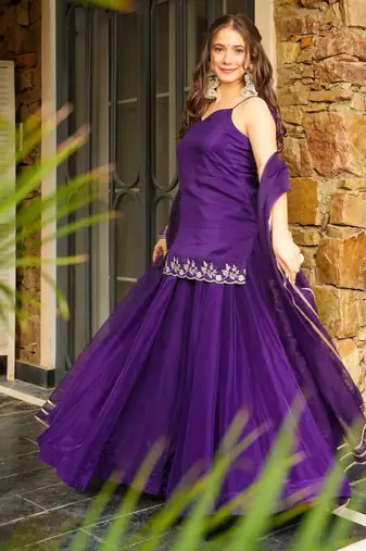 Purple color rangoli silk fabric designer embroidery work heavy wedding attire for girls
