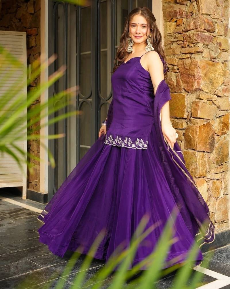 Purple rangoli silk embroidery work heavy wedding attire