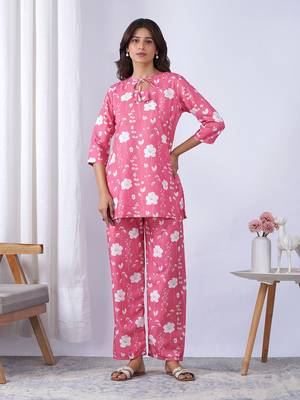 Pink rayon blend printed co-ord set 1