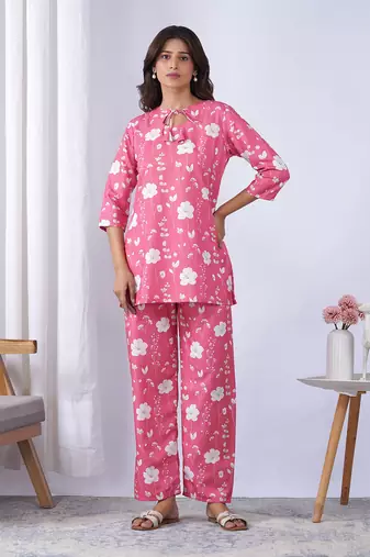 Pink rayon blend printed co-ord set
