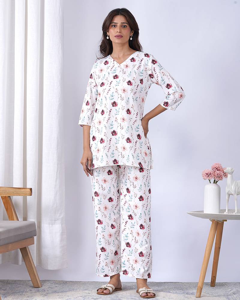 Off white rayon blend printed co-ord set