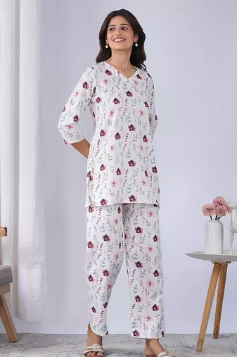 Off white rayon blend printed co-ord set