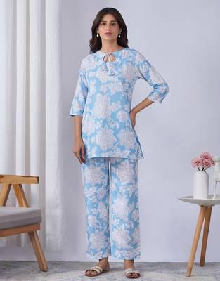 Sky blue rayon blend printed co-ord set 1