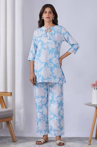 Sky blue rayon blend printed co-ord set