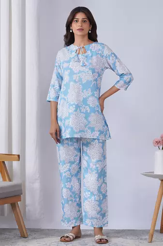 Sky blue color rayon blend designer printed co-ord set for fancy girlie looks