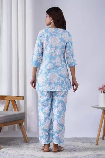 Sky blue color rayon blend designer printed co-ord set for fancy girlie looks