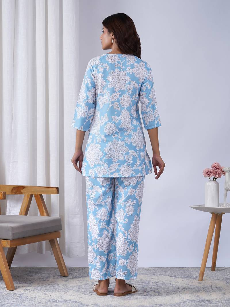 Sky blue rayon blend printed co-ord set