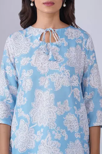 Sky blue color rayon blend designer printed co-ord set for fancy girlie looks