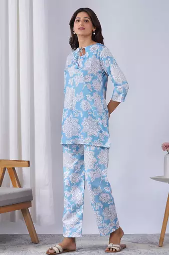 Sky blue color rayon blend designer printed co-ord set for fancy girlie looks