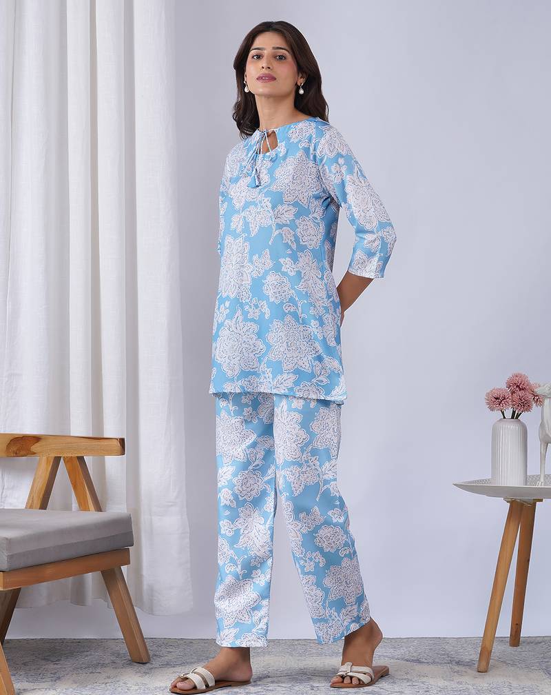 Sky blue rayon blend printed co-ord set