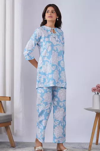 Sky blue color rayon blend designer printed co-ord set for fancy girlie looks