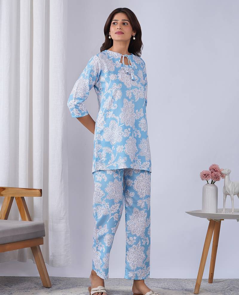 Sky blue rayon blend printed co-ord set