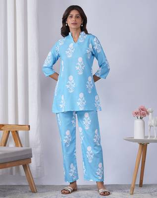 Sky blue rayon blend printed co-ord set 1