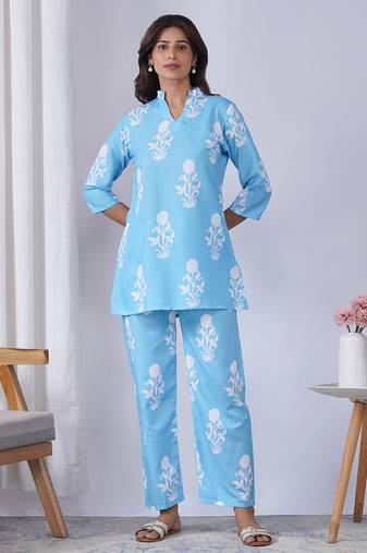 Sky blue rayon blend printed co-ord set