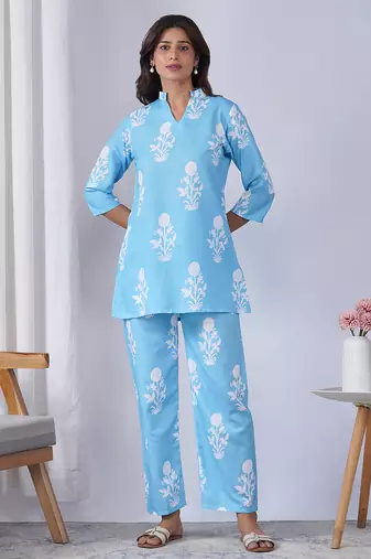 Sky blue color rayon blend designer printed co-ord set for fancy girlie looks