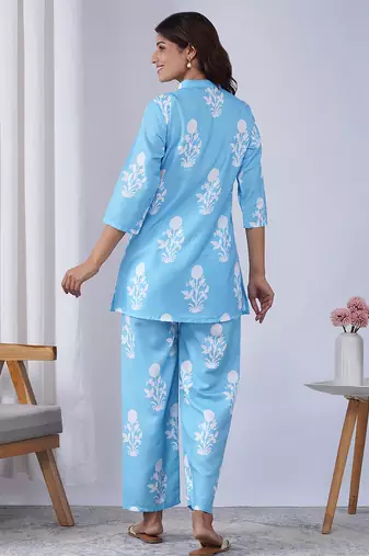 Sky blue color rayon blend designer printed co-ord set for fancy girlie looks