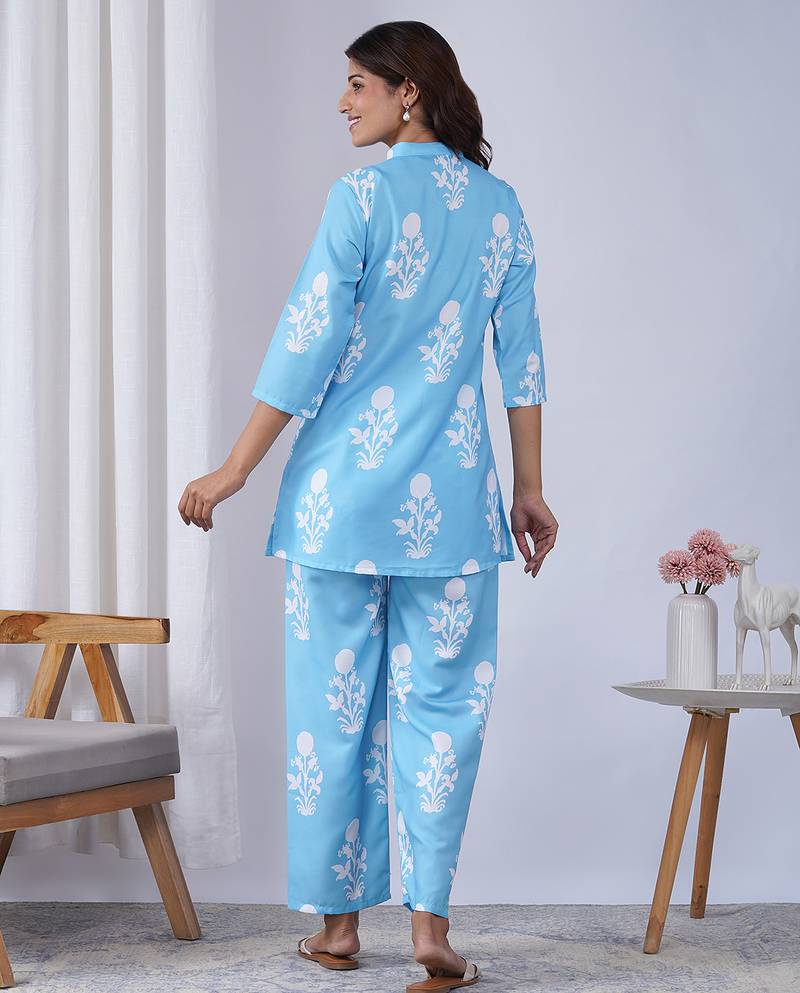 Sky blue rayon blend printed co-ord set