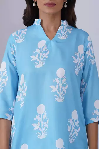 Sky blue color rayon blend designer printed co-ord set for fancy girlie looks