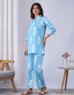 Sky blue rayon blend printed co-ord set 4