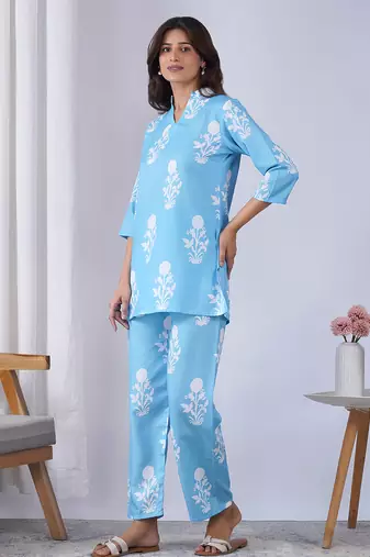Sky blue color rayon blend designer printed co-ord set for fancy girlie looks