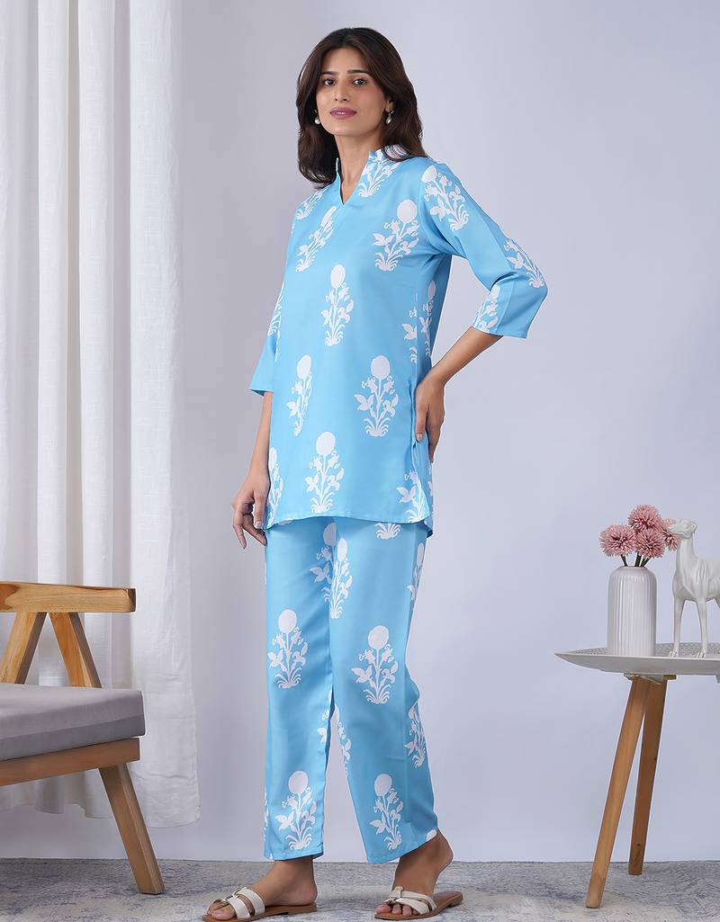 Sky blue rayon blend printed co-ord set