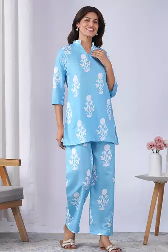 Sky blue color rayon blend designer printed co-ord set for fancy girlie looks