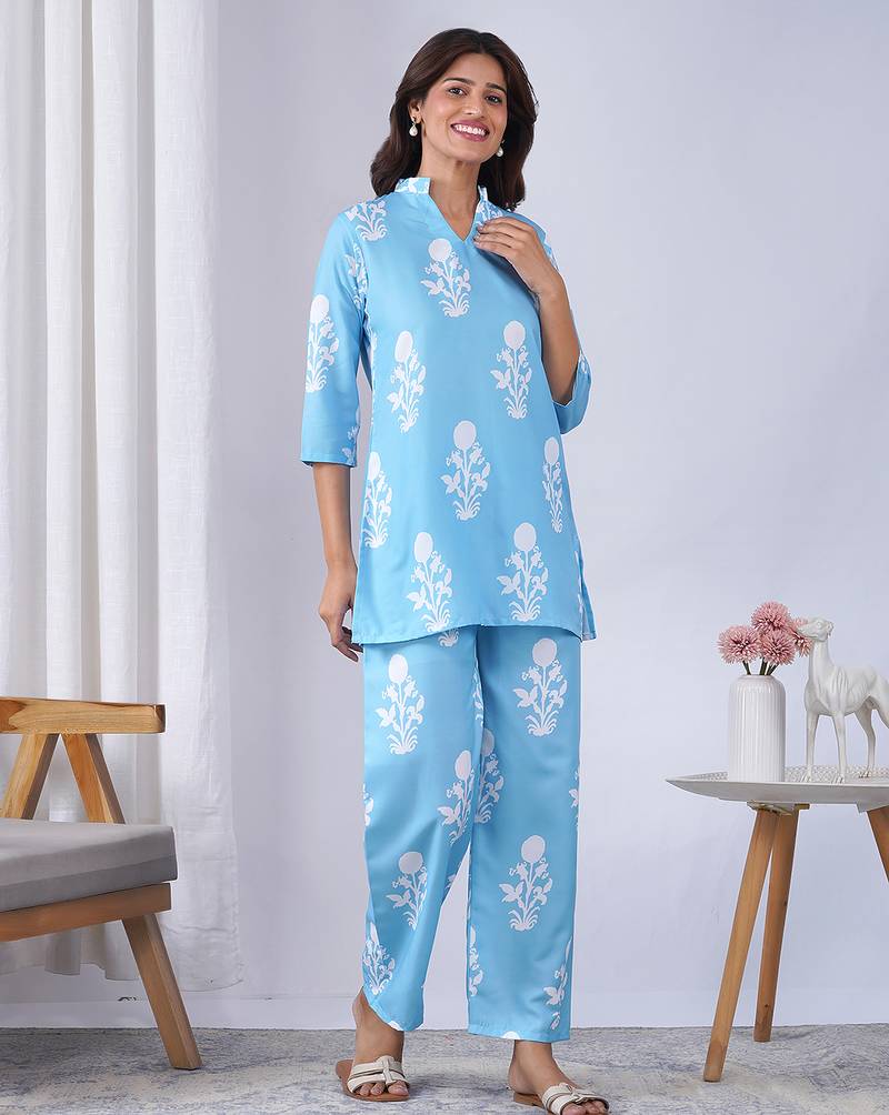 Sky blue rayon blend printed co-ord set