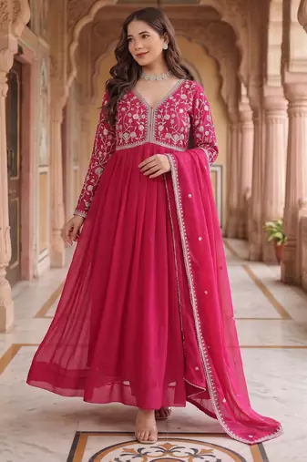 Pink colour georgette ethnic ceremonial wedding reception gown