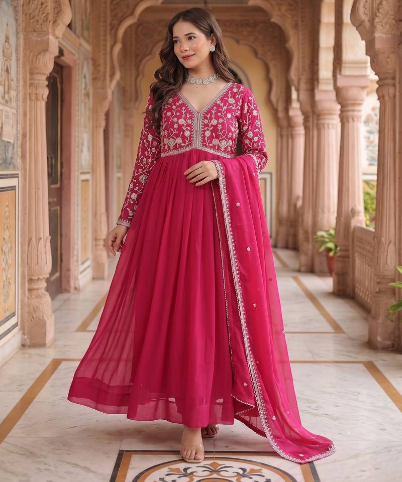 Pink colour georgette ethnic ceremonial wedding reception gown