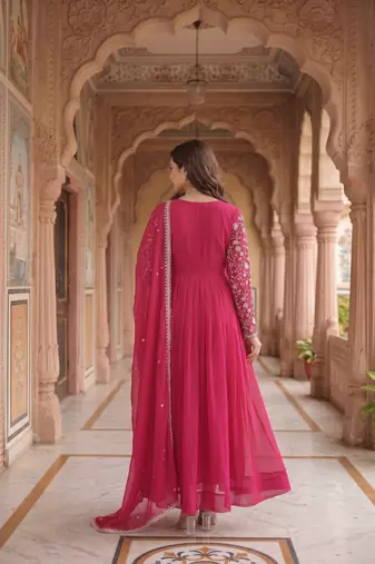 Pink colour georgette ethnic ceremonial wedding reception gown