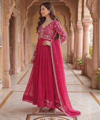 Pink colour georgette ethnic ceremonial wedding reception gown 3