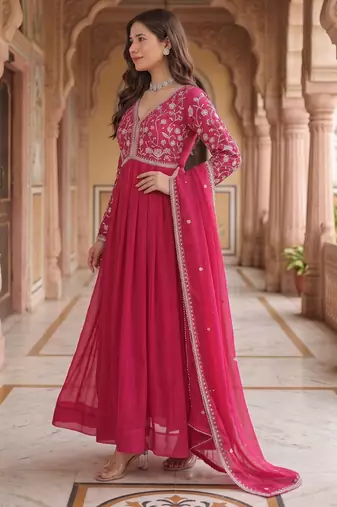 Pink colour georgette ethnic ceremonial wedding reception gown