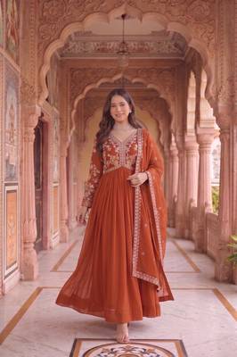 Rust colour georgette ethnic ceremonial wedding reception gown 1